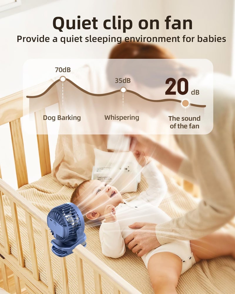 TUNISE Mini Clip on Fan, Battery Operated Desk Fan, Digital display，3 Speeds Adjustable, Bidirectional 360 ° Adjustable, Super strong wind, Portable Fan for Home Office Stroller Camping Blue - Image 3